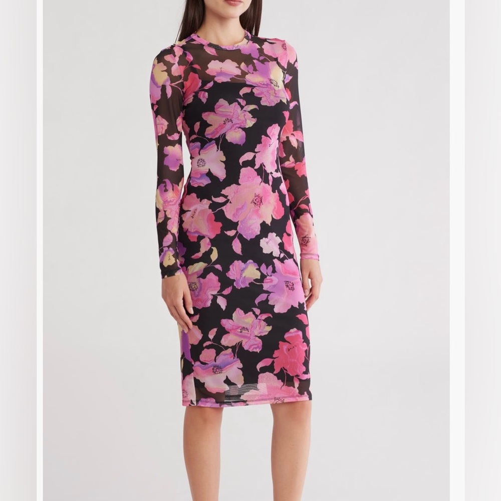 AFRM Pink Floral Long Sleeve Mesh Midi Dress